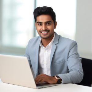 happy expression business desk and company concept. ai generate young man happy expression business desk and company concept. ai generated